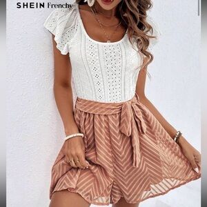 SHEIN White Eyelet Blouse and Tan Skort Set